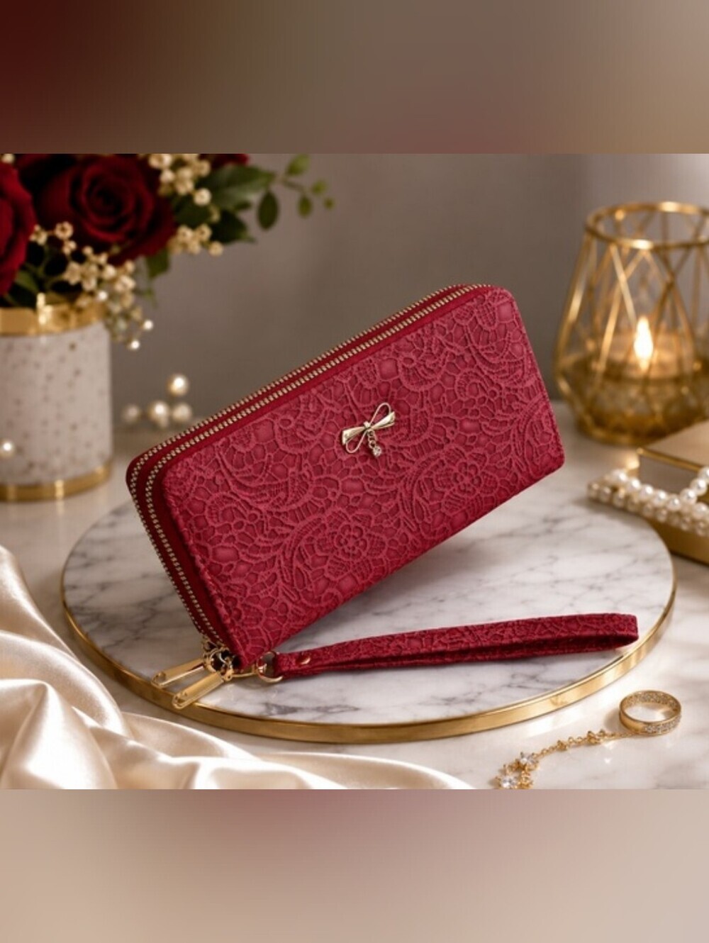 Elegant Lace Zip Wallet Wristlet - Red